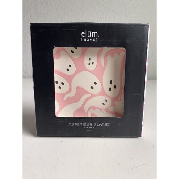 Set Of 4 Elum Home Halloween PINK & PURPLE Ghosts Ceramic Appetizer Plates 7.5” - Picture 1 of 9